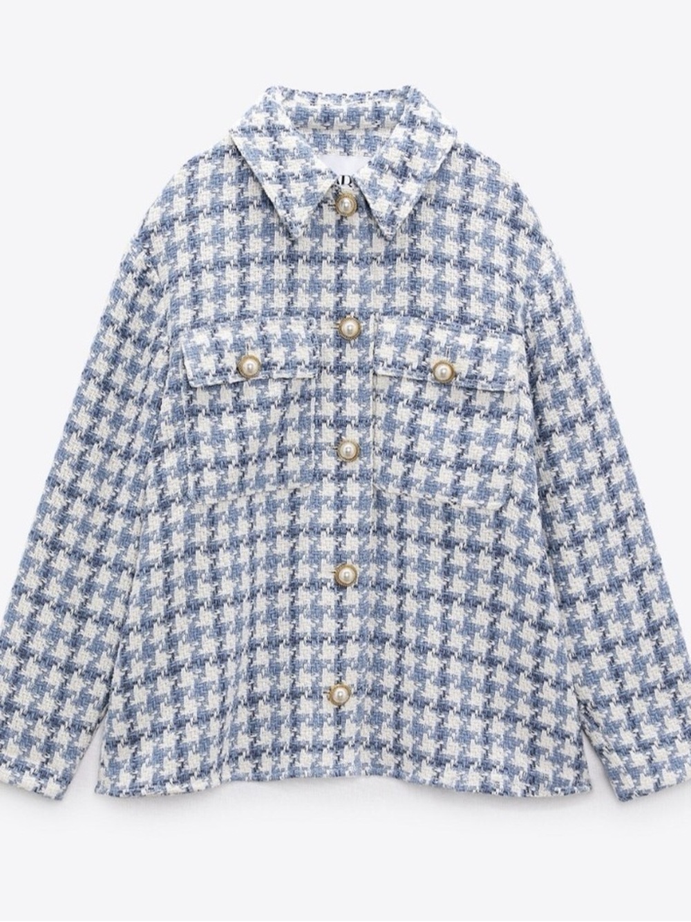 Zara Textured Tweed Pearl
Houndstooth Jacket Shacket Overshirt
Blue White